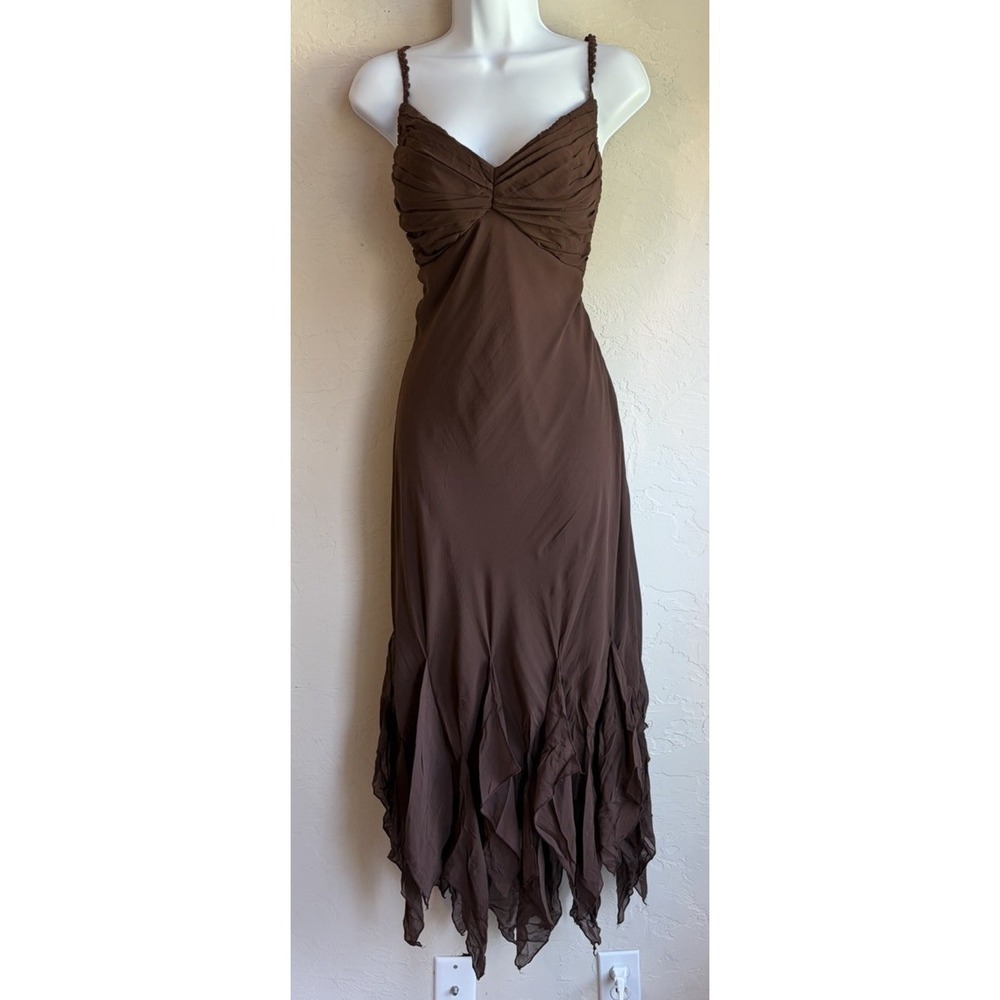 Vintage 90s Y2K Sangria 100% Silk Brown Maxi Slip Dress 14 Fairy Whimsigoth Boho